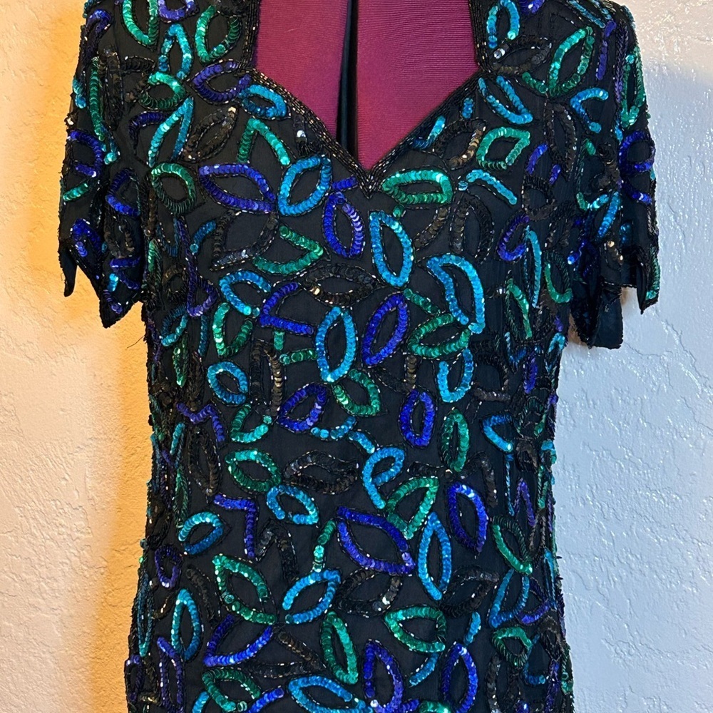 Laurence Kazar Vintage Black Top with Blue and Green Sequins